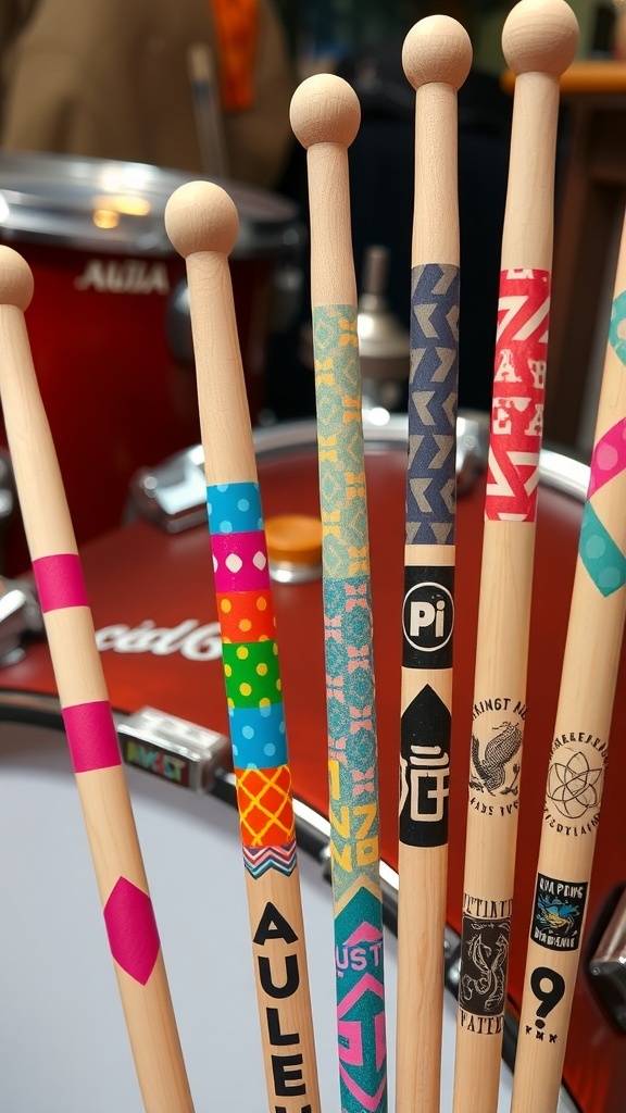 Colorful drumsticks with unique tape designs displayed on a drum kit.